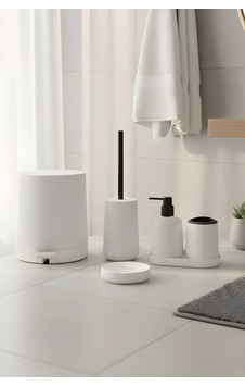 Mat Beyaz 5 Parça Yuvarlak Banyo Seti Kovası, Tuvalet Fırçası, Sıvı Sabunluk Beyaz - 827249484 Beyaz