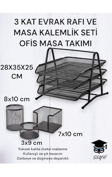 3 Kat Metal Evrak Rafı Ve 3 Lü Masa Kalemlik Seti Ofis Takımı Metal Perfore Siyah
