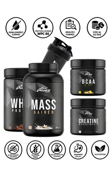 Full Paket 1: Whey Protein 500 Gr Çikolata + Bcaa 300 Gr Limon + Mass Gainer 3 Kg Vanilya + Kreatin Monohidrat 300 Gr Aromasız + Shaker Çikolatalı