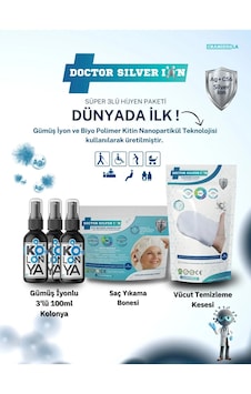 Doctor Silver Ion Gümüş İyonlu Kolonya 3 x 100 ML + Vücut Temizleme Kesesi + Saç Yıkama Bonesi Doctor Silver Ion Gümüş İyonlu Kolonya 3 x 100 ML + Vücut Temizleme Kesesi + Saç Yıkama Bonesi