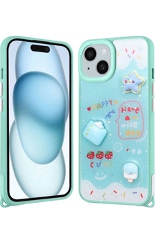 Apple Uyumlu iPhone 14 Plus Kılıf Parlayan Simli Kabartma Figürlü Zore Cevze Kapak Yeşil
