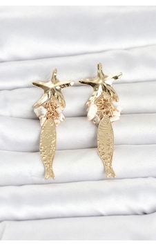 Deniz Yıldızı Ve Balık Detaylı Krem Taşlı Gold Renk Kadın Küpe Altın Deniz Yıldızı Ve Balık Detaylı Krem Taşlı Gold Renk Kadın Küpe Altın