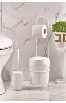 Metal Standlı Yuvarlak Kovalı & Kağıtlıklı & Fırçalıklı Beyaz Banyo Takımı Düz Renkli Metal Standlı Yuvarlak Kovalı & Kağıtlıklı & Fırçalıklı Beyaz Banyo Takımı Düz Renkli