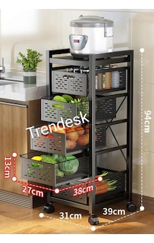 Trendesk 5 Katlı Tekerlekli Metal Çok Amaçlı Patates Soğan Sebze Meyve Sepeti Sebzelik Siyah