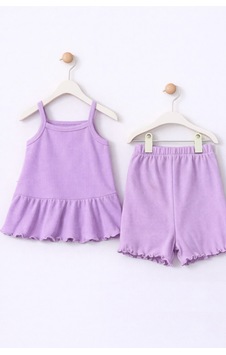 For My Baby Fitilli Kumaş 2 Li Kız Bebek Takım Şortlu Yazlık Mor