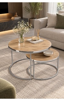 Sulorahome Gümüş Metal Ayaklı Ceviz Desenli 2'li Yuvarlak Orta Sehpa Seti Sulorahome Gümüş Metal Ayaklı Ceviz Desenli 2'li Yuvarlak Orta Sehpa Seti