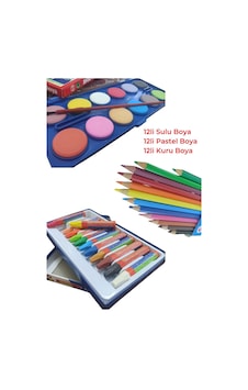 12li Sulu Boya -12li Pastel Boya-12li Kuru Boya Öğrenci Resim Seti Çok Renkli