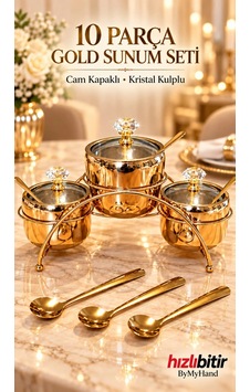 Bymyhand Gold Renk Paslanmaz Çelik Cam Kapaklı Kristal Kulplu 10 Parça Sunum Seti Tuzluk & Karabib Bymyhand Gold Renk Paslanmaz Çelik Cam Kapaklı Kristal Kulplu 10 Parça Sunum Seti Tuzluk & Karabib