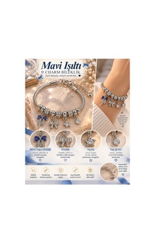 Mavi Işıltı Charm Bileklik Mavi Taşlı Fiyonk & Yıldız Detaylı Gümüş