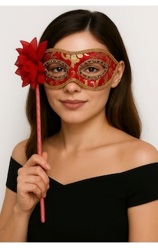 Lüks - 202 - Taşlı Saplı Maskeli Balo Maskesi Kırmızı Renk - Kmrsfres - 35 Cm Yetişkin Lüks - 202 - Taşlı Saplı Maskeli Balo Maskesi Kırmızı Renk - Kmrsfres - 35 Cm Yetişkin