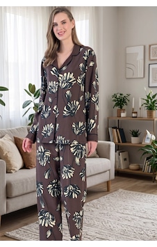 Findit Kahverengi Çiçek Baskılı Yaka Biyeli Düğmeli Uzun Kol Pijama Takımı Findit Kahverengi Çiçek Baskılı Yaka Biyeli Düğmeli Uzun Kol Pijama Takımı