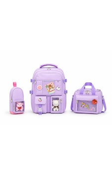 Quovo Kawaii Kore Tarzı Full Aksesuarlı Yerli Günlük Okul Çantası Kız Erkek Beslenme Kalemlik Çanta Seti Pembe - Lila
