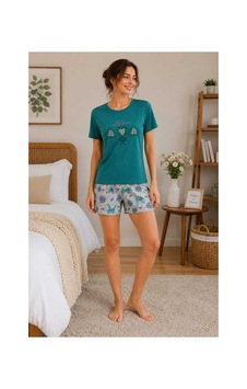 Tenra Kadın Şortlu Pijama Takımı %100 Pamuk Yeşil Tenra Kadın Şortlu Pijama Takımı %100 Pamuk Yeşil