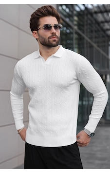 Madmext Beyaz Polo Yaka Saç Örgü Desenli Erkek Triko Kazak E7519 Madmext Beyaz Polo Yaka Saç Örgü Desenli Erkek Triko Kazak E7519