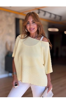 Butik İstanbul Kadın Kayık Yaka Fakir Kol Ajurlu Triko Sarı Butik İstanbul Kadın Kayık Yaka Fakir Kol Ajurlu Triko Sarı
