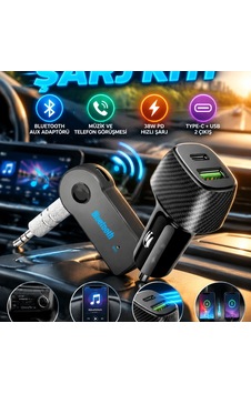 Bluetooth Aux Adaptörü Ve 38w Pd Type-c Usb Araç Şarj Cihazı 2 Li Set Bluetooth Aux Adaptörü Ve 38w Pd Type-c Usb Araç Şarj Cihazı 2 Li Set