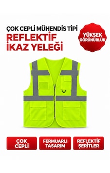 Çok Cepli Reflektif Ikaz Yeleği Fermuarlı Yüksek Görünürlüklü Sarı