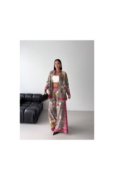 Wellway İthal Chokellaa Kumaş Çiçekli Tunik Gömlek & Pantolon 2li Takım-sarı -26123 Pembe