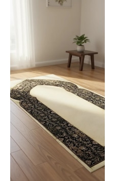 Krem Zeminli Çiçek Bordürlü Sade Bambu Namaz Seccadesi Kaymaz Tabanlı 80x130 Cm