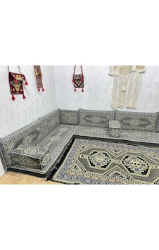 Coton Şark Köşesi Saraylı Desenli Minder Takımı Gri 13 Parça