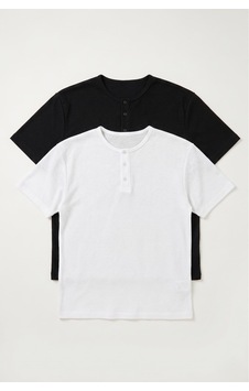 Defys Erkek Henley Yaka %100 Pamuklu Rahat Kesim Günlük Basic 2'li Tişört Seti Siyah Beyaz - 875258611 Siyah Beyaz