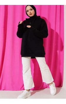 Lovie Moda Kadın Yarım Pat Düğmeli Sweatshirt Siyah