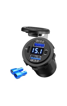 Mellifera İki Usb Type-c Şarj Cihazı Voltmetreli - On-off Anahtarlı - Mavi Işıklı Mellifera İki Usb Type-c Şarj Cihazı Voltmetreli - On-off Anahtarlı - Mavi Işıklı