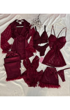 Mh Moony Homewears Kutulu 8'li Beethoven Dantel Kol Detaylı Saten Pijama Dantel Gecelik İç Giyim Çeyiz Seti Bordo Mh Moony Homewears Kutulu 8'li Beethoven Dantel Kol Detaylı Saten Pijama Dantel Gecelik İç Giyim Çeyiz Seti Bordo