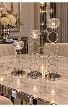 Modern 3 Lü Krom Dekoratif Şamdan Mumluk Seti 32 -26-22cm Gümüş Gümüş