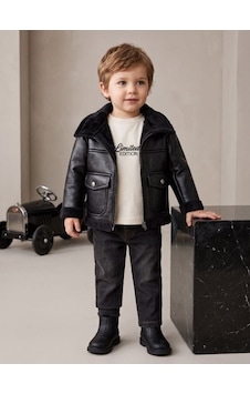 Zekids Erkek Bebek Siyah Deri Ceketli Tişört Ve Jean Pantolon Takım-17443