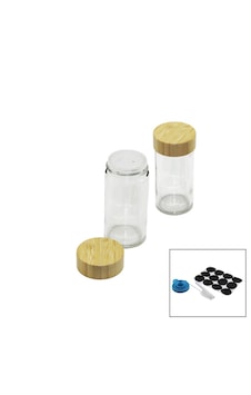 Lunaev 12 Pcs Takım Yuvarlak Cam Baharatlık - Tuzluk Bambu Kapaklı Açık Bej