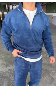 Mass Plus Unisex Slimfit Yarım Fermuarlı Dik Yaka Polar Sweatshirt Saksmavi