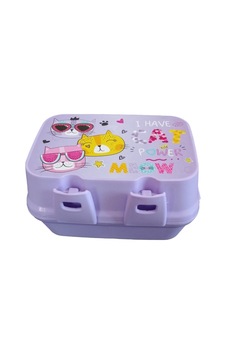 Kedi Desenli Mor Lunchbox Beslenme Kutusu I Have Cat Power Meow Yazılı Çocuk Yemek Saklama Kabı Açık Ahşap
