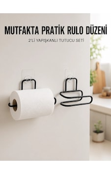 Mey İthalat 2 Li Siyah Metal Rulo Kağıt Tutucu Yapışkanlı Banyo Ve Mutfak Kağıtlık Renkli
