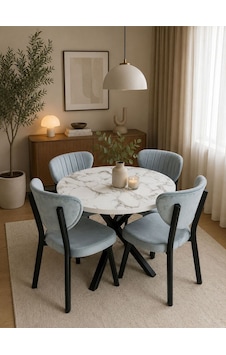 Modern Yuvarlak Mermer Desenli Yemek Masası Takımı 4 Sandalyeli Mavi Modern Yuvarlak Mermer Desenli Yemek Masası Takımı 4 Sandalyeli Mavi