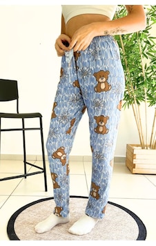 Farya Home Dreamy Soft Kadife Dokulu Ayıcık Desenli Süet Pijama Altı Pantolon Mavi