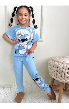 Kız Çocuk Stitchh Desenli Kısa Kollu Tshırt Eşofman 2'li Takım-993 Mavi