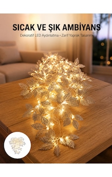 Gümüş Yaprak Tasarımlı Led Işık Pilli Ev Ve Vitrin Dekoru Çokrenkli