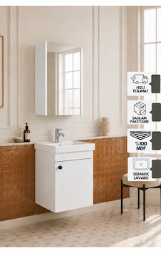 Mimoza 50 Cm, Mdf, Lavabolu, Aynalı Banyo Dolabı Seti, Seramik Lavabo Dahil, Beyaz, Mdf