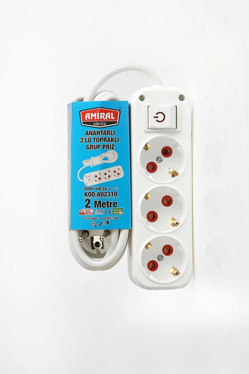 3 Lü Topraklı Anahtarlı 2 Metre Kablolu Grup Priz 0-2 3 Lü Topraklı Anahtarlı 2 Metre Kablolu Grup Priz 0-2
