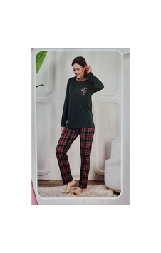 Miss Melina % 100 Pamuk Uzun Kol Kadın Pijama Takımı Ekoseli - 69586624587036 Yeşil