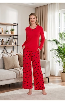 Findit Şık Tasarım Kalp Desenli Geniş Paçalı Yumuşak Dokulu Viskon Kumaş V Yaka 2'li Pijama Takımı Kırmızı Findit Şık Tasarım Kalp Desenli Geniş Paçalı Yumuşak Dokulu Viskon Kumaş V Yaka 2'li Pijama Takımı Kırmızı