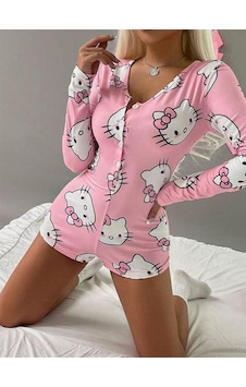 Red Womans Pamuklu Pembe Hello Kitty Desenli Düğmeli Uzun Kol Tulum Pijama