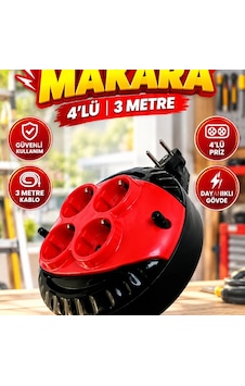 4 Lü Kablolu Priz Makarası 3 Metre Kablo Kırmızı Diğer