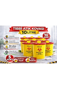 Tıbbi Atık Kovası 10 Litre 10 Adet Kapaklı Tıbbi Atık Kutusu Enfekte Atık Kovası Seti