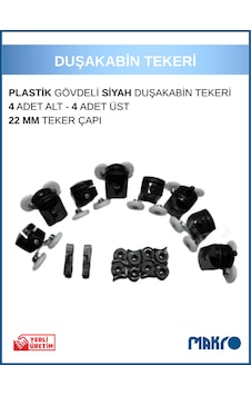 Duşakabin Tekerleği 8'li Cam Kabin Tekeri Rulman Siyah Plastik Gövdeli Bilyalı Çift Tekerlekli Siyah