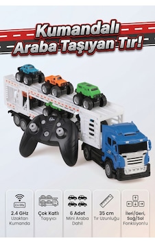 Oyuncak Uzaktan Kumandalı Araba Taşıyan Tır 35 Cm - 6 Adet Mini Arabalı Set 1:32 Ölçek Mavi