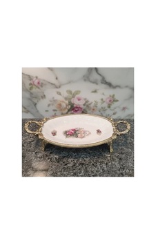 Dekoratif Bronz Eskitme Metal Ayaklı Oval Çiçekli Porselen Sunumluk Tabak Dekoratif Bronz Eskitme Metal Ayaklı Oval Çiçekli Porselen Sunumluk Tabak