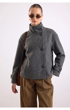 Olcay Dik Yaka Oversize Kısa Kaban Koyu Gri 3203 Olcay Dik Yaka Oversize Kısa Kaban Koyu Gri 3203