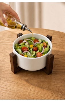 Ahşap Standlı Seramik Kase Bowl Salata Tabağı Sunumluk Ve Sosluk 14 Cm